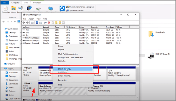 right click on disk and select shrink volume