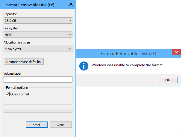 Windows can't format USB.