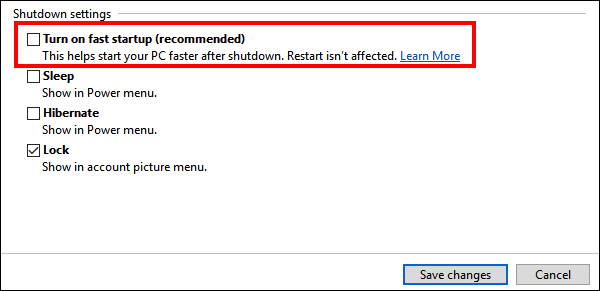 uncheck fast startup