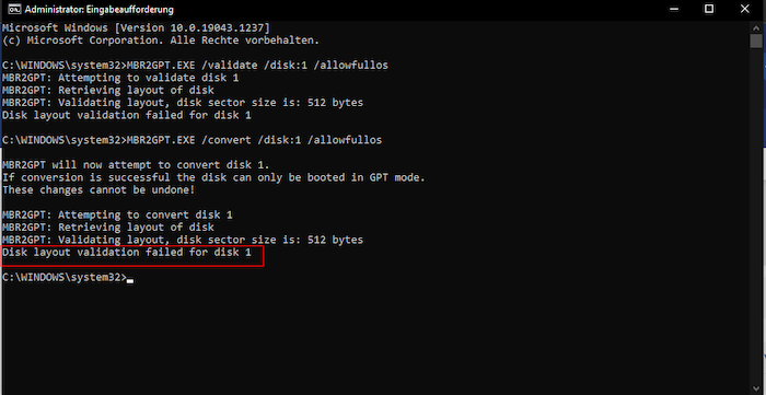 attempting to convert, but disk layout validation failed for disk 1