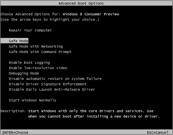 boot into Safe Mode with F8