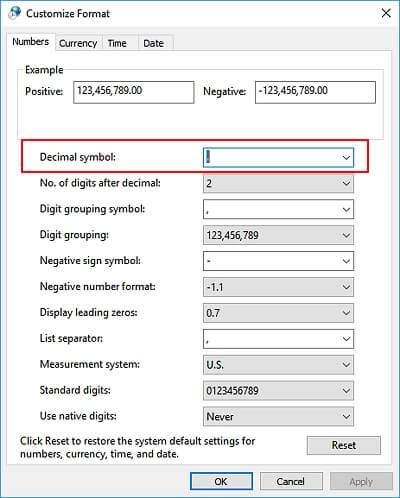 Change decimal symbol settings