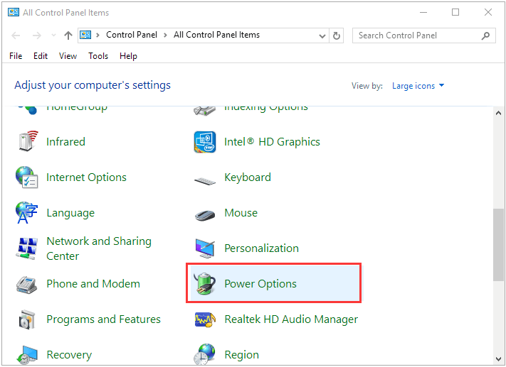 open power options in control panel