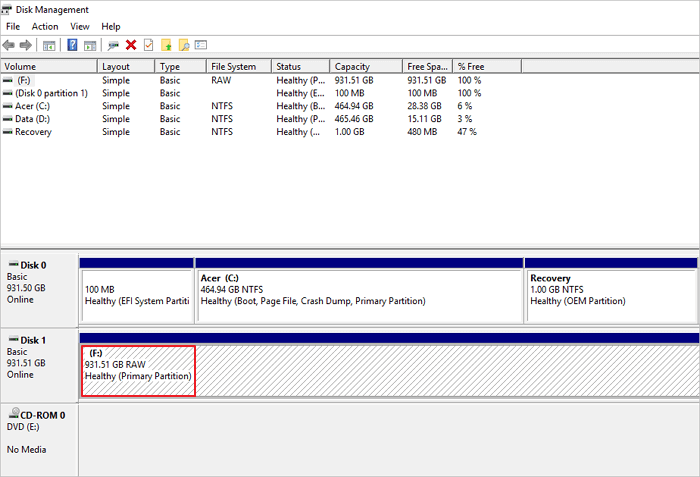 raw hard drive in disk management