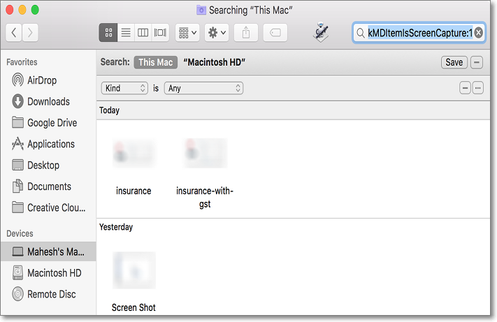 mac finder for searching items or screenshots