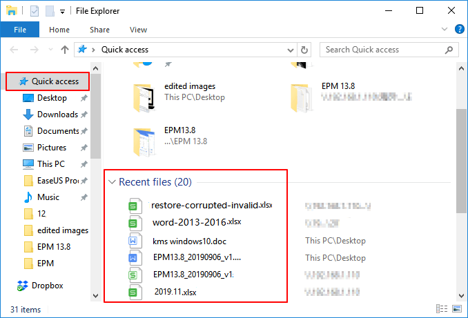 Find recent document in Windows 10.