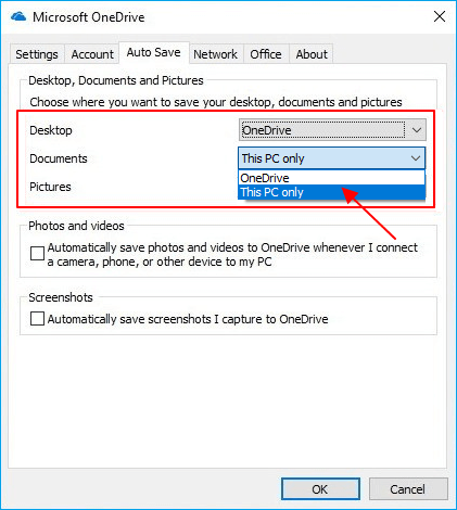 Set documents and pictures listed to onedrive